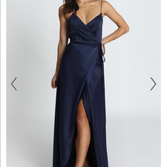 Showpo NEW Navy Satin wrap dress - Picture 2 of 3